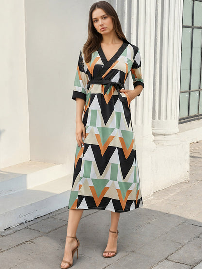 Vacation Dresses Geometric Print Midi Dress V Neck Wrap 3/4 Sleeve Waist Long Dress
