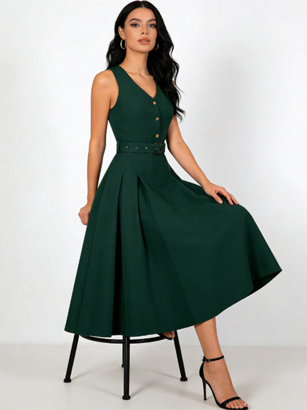 Daily Dresses Women's Sleeveless V Neck Belted Midi Dress Button Front A-Line Flare Dress
