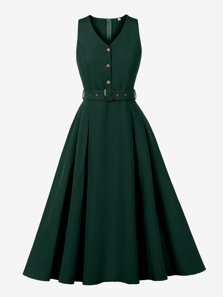 Daily Dresses Women's Sleeveless V Neck Belted Midi Dress Button Front A-Line Flare Dress