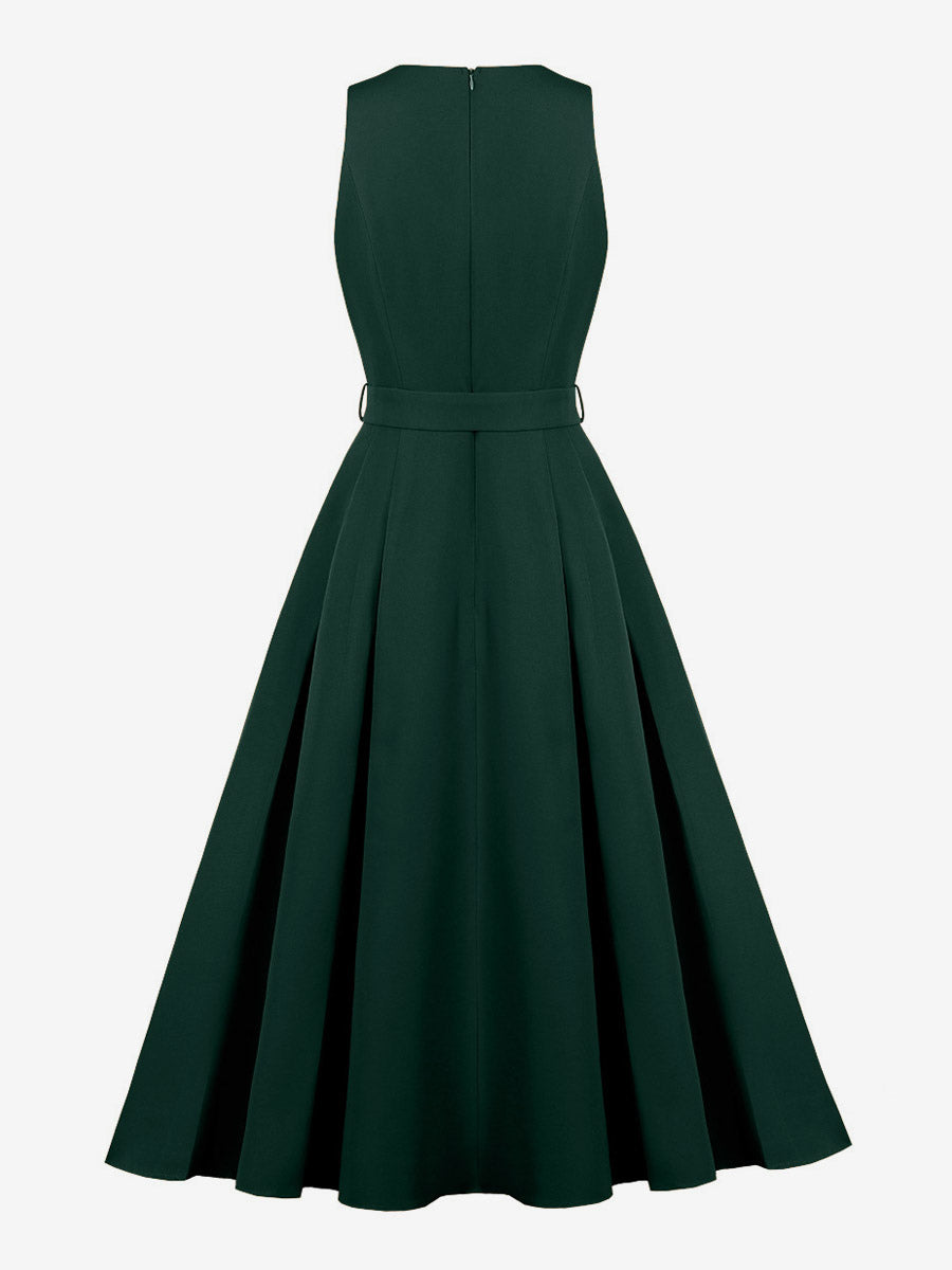 Daily Dresses Women's Sleeveless V Neck Belted Midi Dress Button Front A-Line Flare Dress