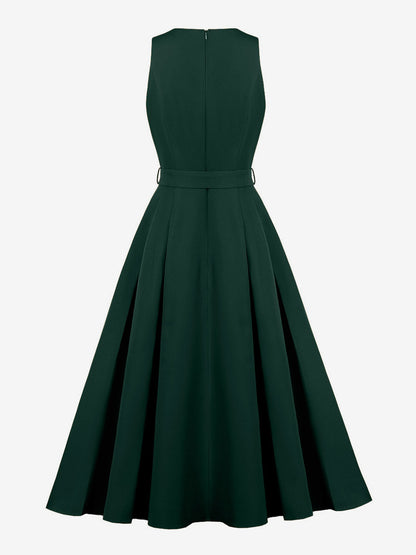 Daily Dresses Women's Sleeveless V Neck Belted Midi Dress Button Front A-Line Flare Dress