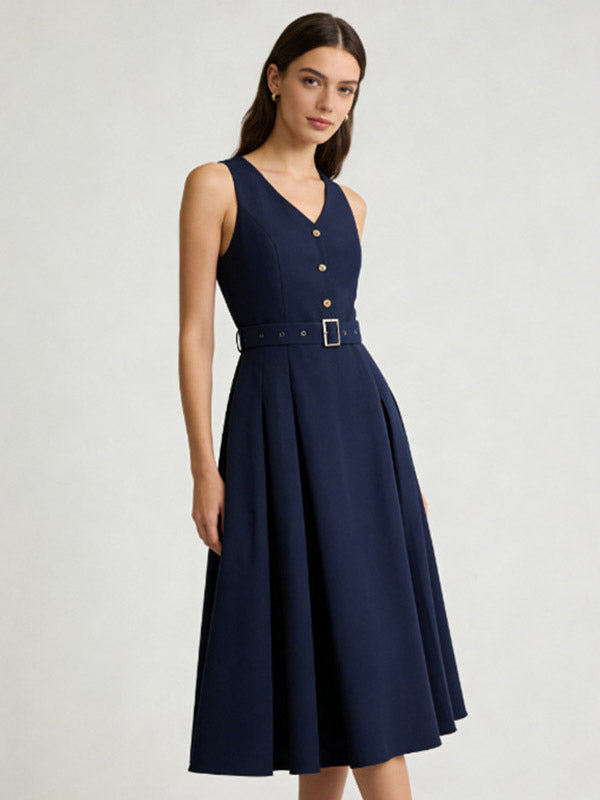 Daily Dresses Women's Sleeveless V Neck Belted Midi Dress Button Front A-Line Flare Dress