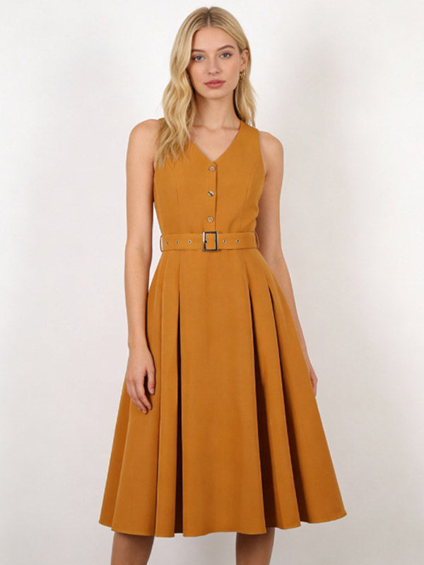 Daily Dresses Women's Sleeveless V Neck Belted Midi Dress Button Front A-Line Flare Dress