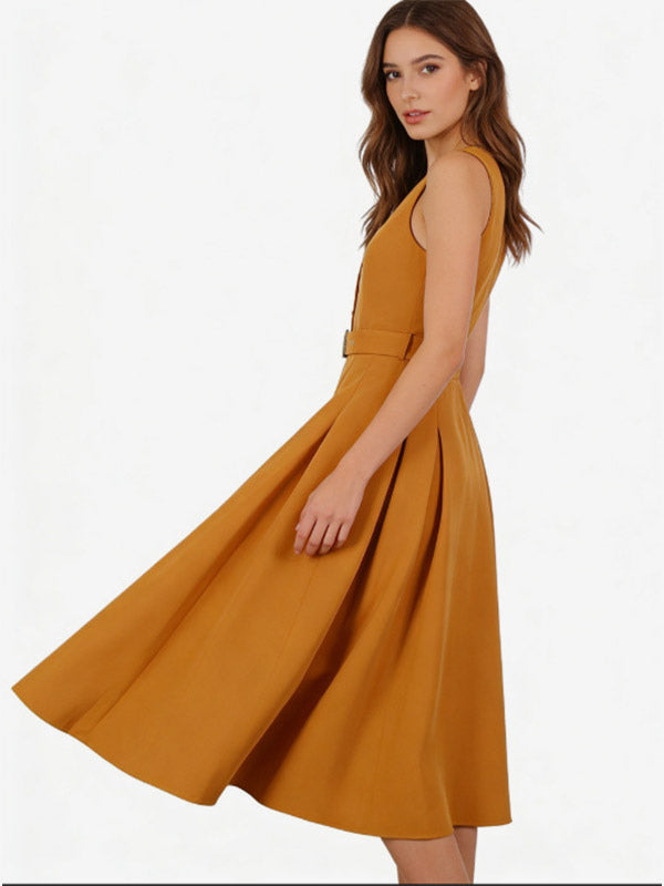 Daily Dresses Women's Sleeveless V Neck Belted Midi Dress Button Front A-Line Flare Dress