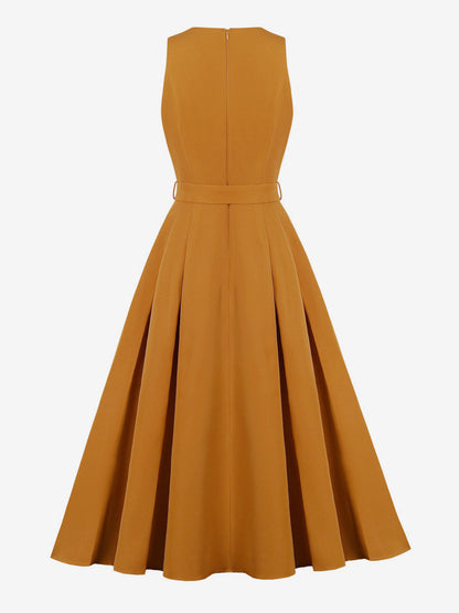 Daily Dresses Women's Sleeveless V Neck Belted Midi Dress Button Front A-Line Flare Dress