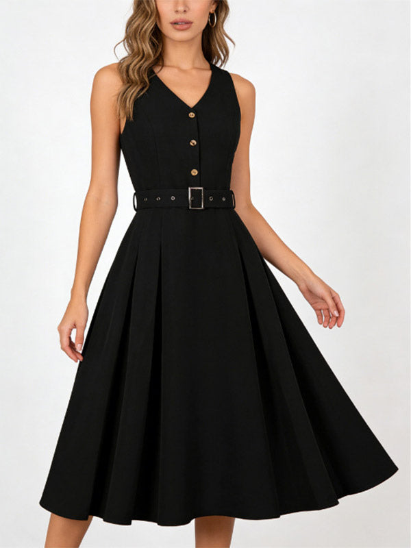 Daily Dresses Women's Sleeveless V Neck Belted Midi Dress Button Front A-Line Flare Dress