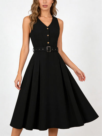 Daily Dresses Women's Sleeveless V Neck Belted Midi Dress Button Front A-Line Flare Dress