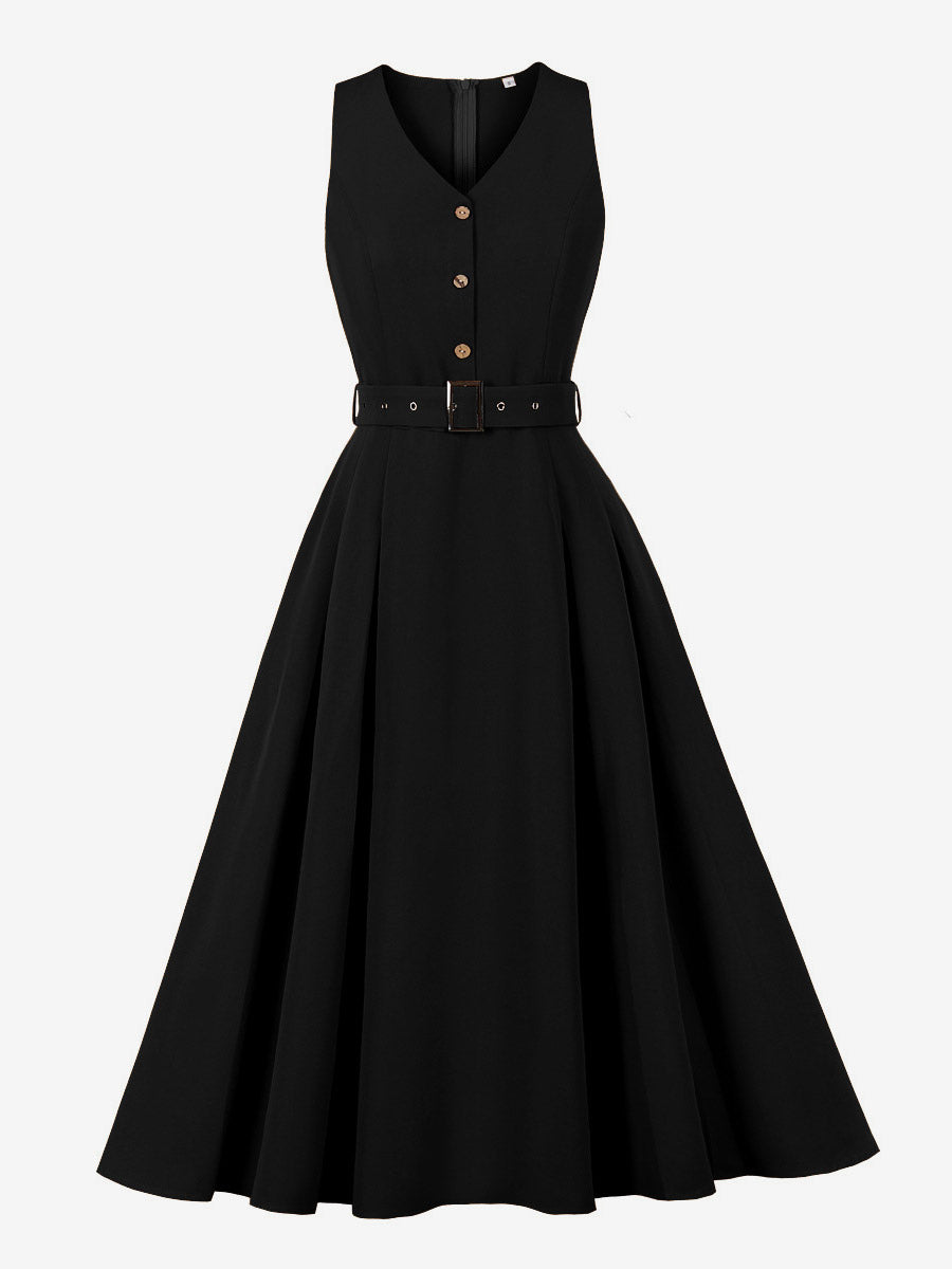 Daily Dresses Women's Sleeveless V Neck Belted Midi Dress Button Front A-Line Flare Dress