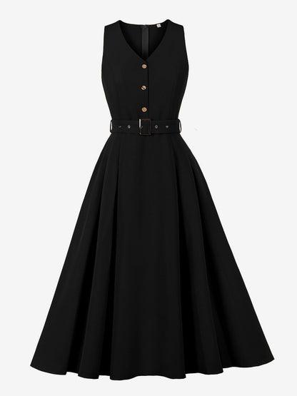 Daily Dresses Women's Sleeveless V Neck Belted Midi Dress Button Front A-Line Flare Dress