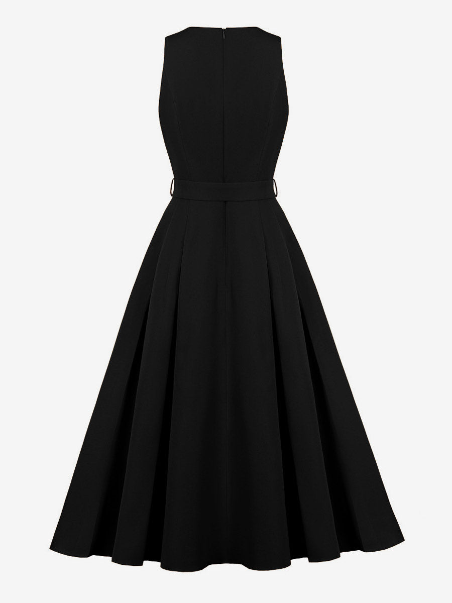 Daily Dresses Women's Sleeveless V Neck Belted Midi Dress Button Front A-Line Flare Dress