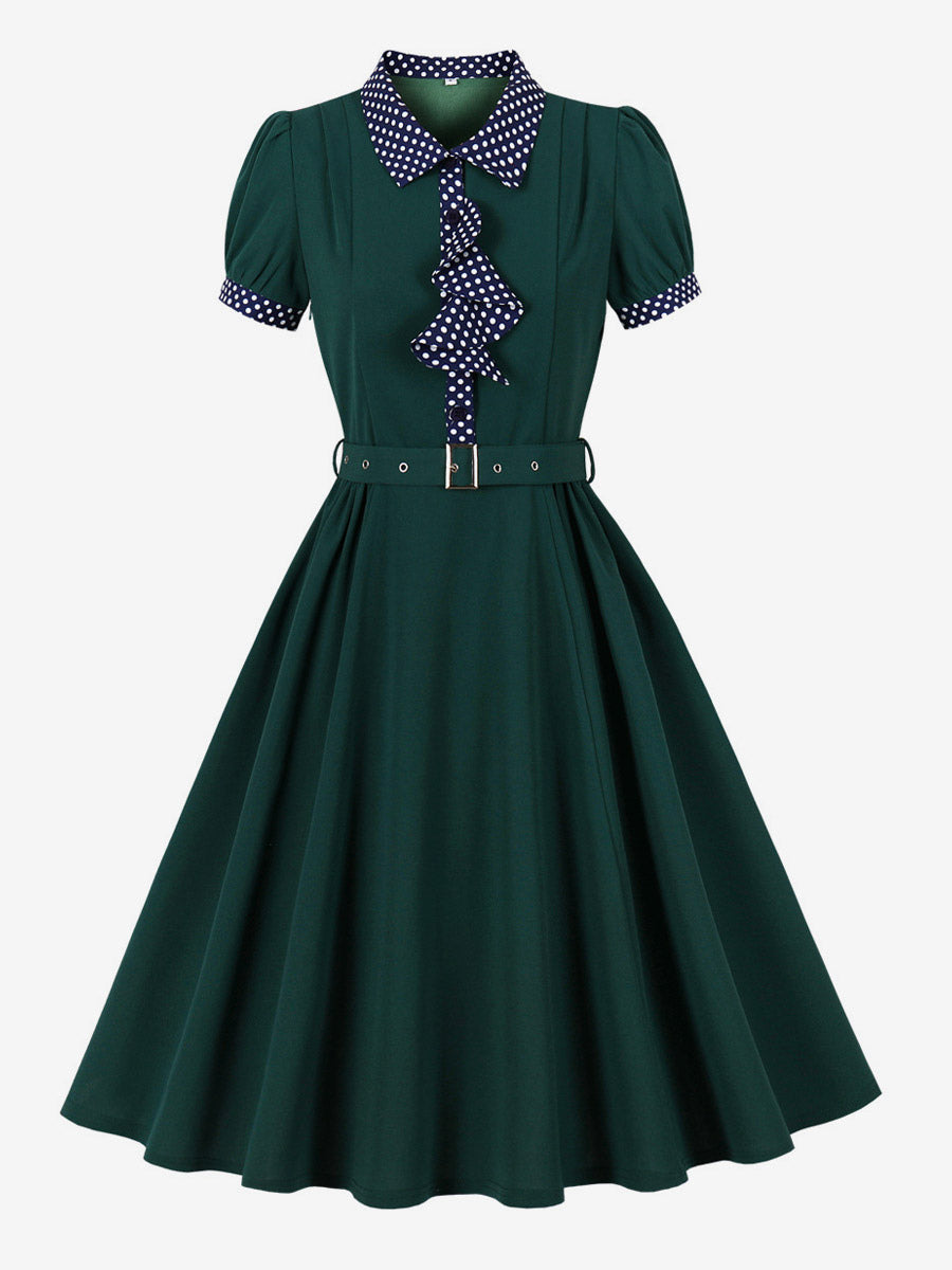 Vintage Dress Women's 1950s Swing Dress Polka Dot Collar Bow Tie Tea Party Midi Dress