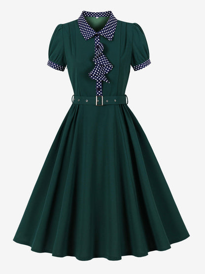 Vintage Dress Women's 1950s Swing Dress Polka Dot Collar Bow Tie Tea Party Midi Dress