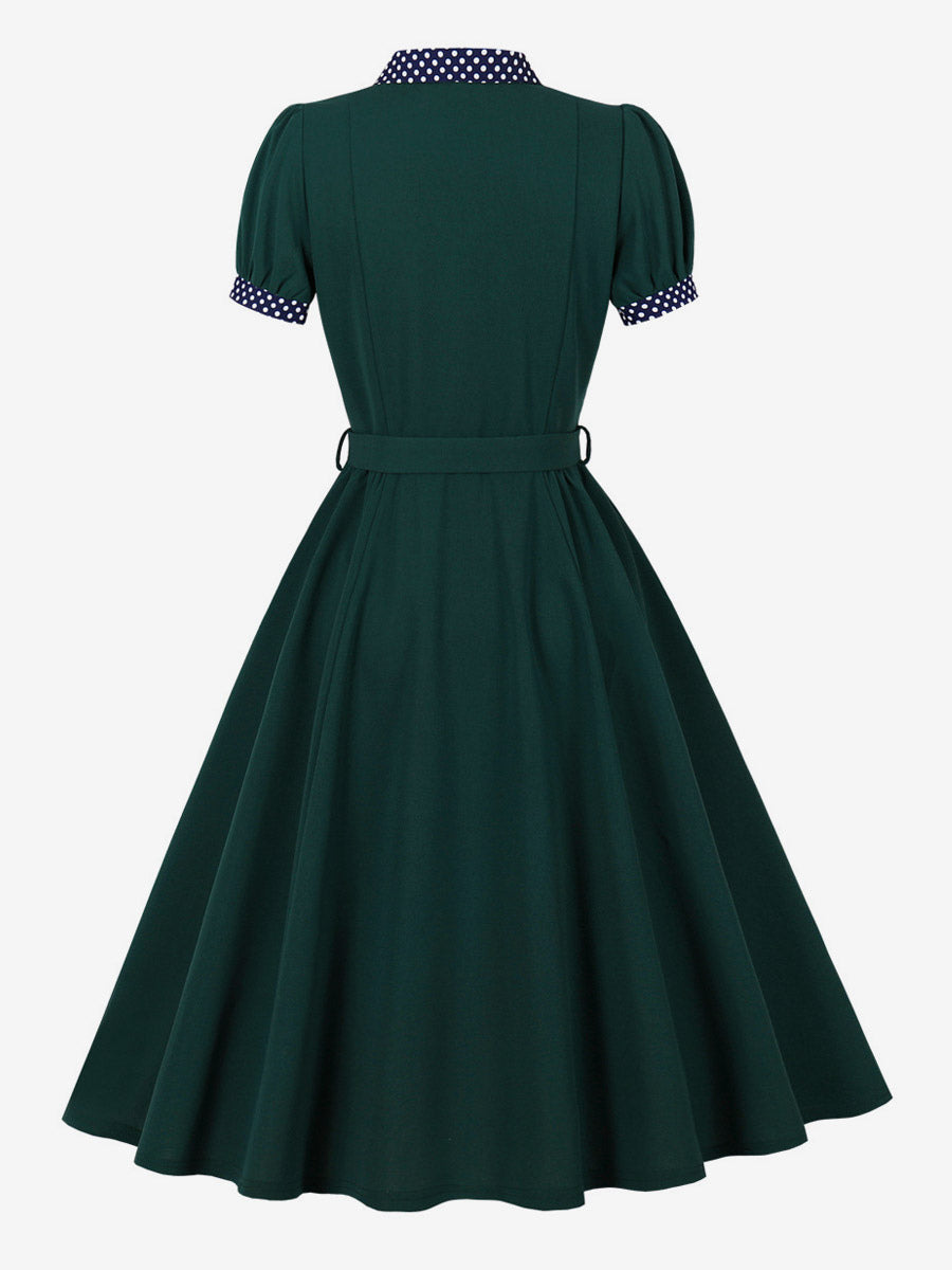 Vintage Dress Women's 1950s Swing Dress Polka Dot Collar Bow Tie Tea Party Midi Dress