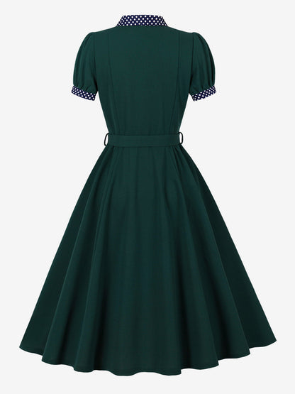 Vintage Dress Women's 1950s Swing Dress Polka Dot Collar Bow Tie Tea Party Midi Dress