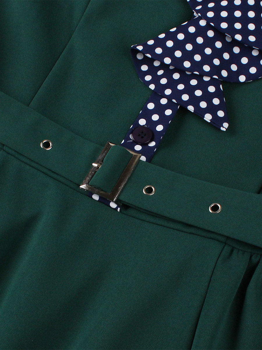 Vintage Dress Women's 1950s Swing Dress Polka Dot Collar Bow Tie Tea Party Midi Dress