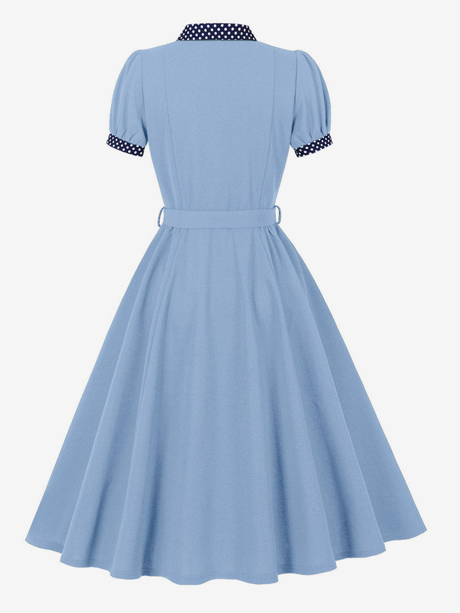 Vintage Dress Women's 1950s Swing Dress Polka Dot Collar Bow Tie Tea Party Midi Dress