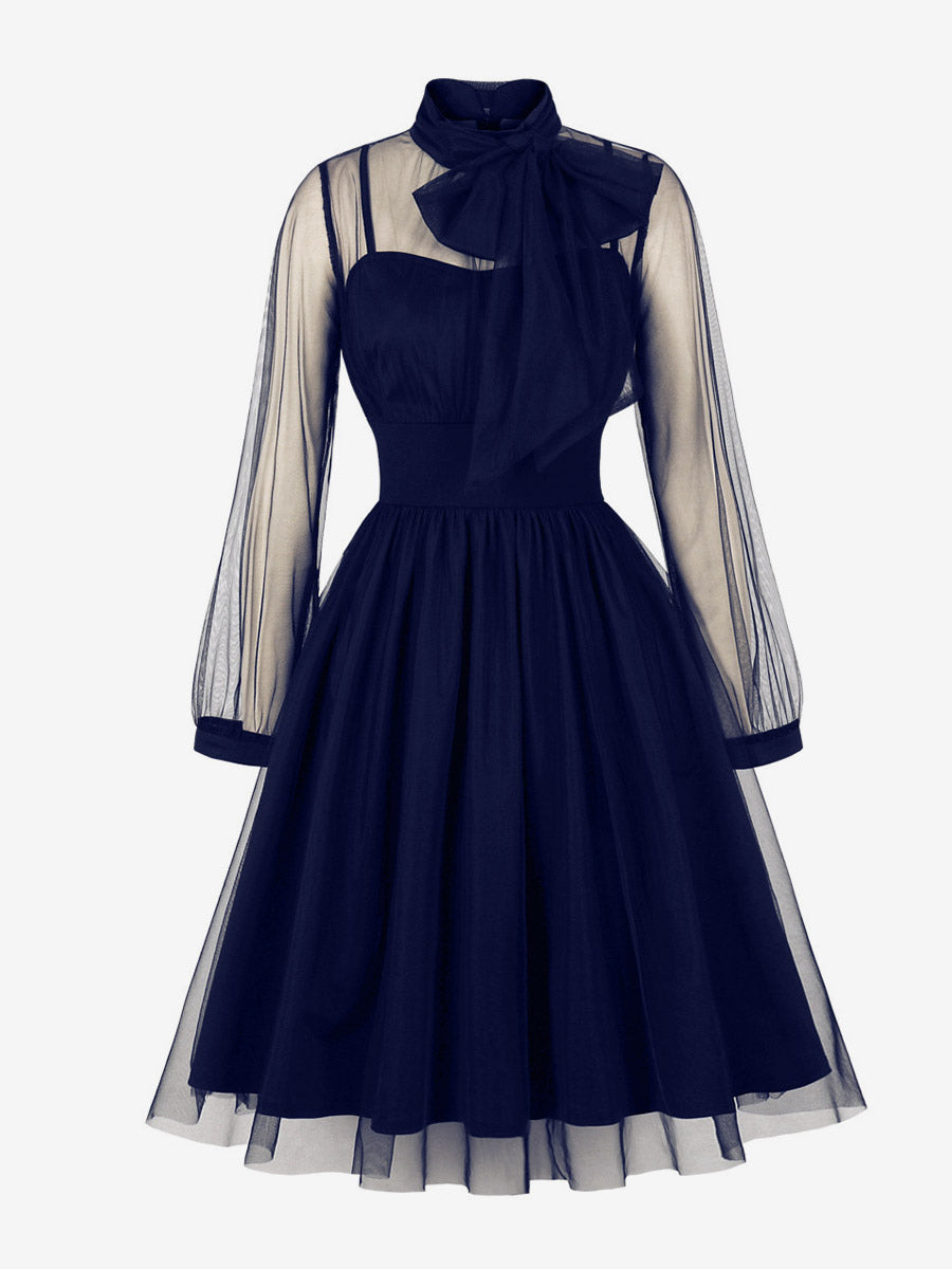 Vintage Dresses Women's Burgundy Tulle Midi Dress Sheer Long Sleeve Bow Neck Fit And Flare Dress