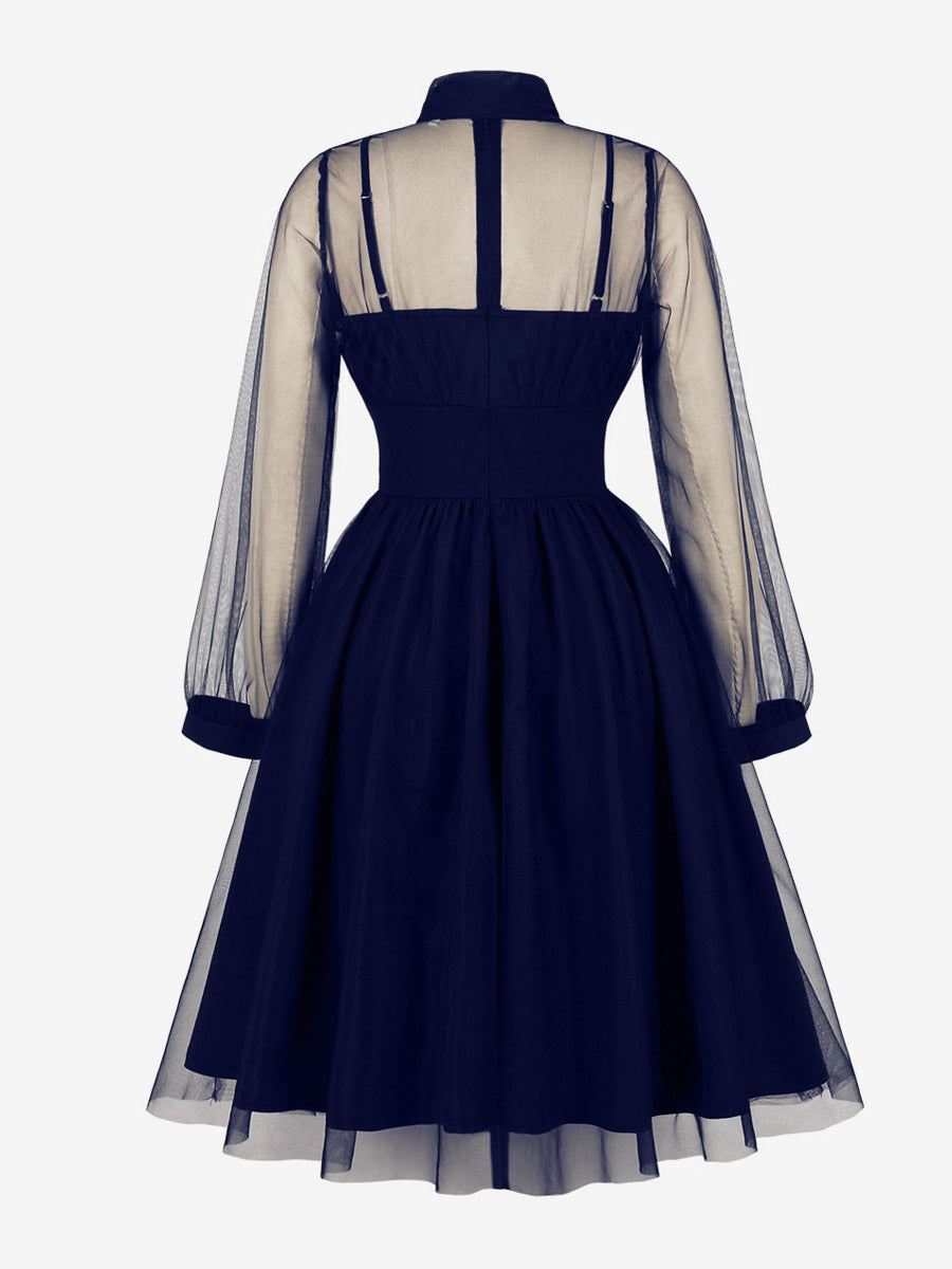 Vintage Dresses Women's Burgundy Tulle Midi Dress Sheer Long Sleeve Bow Neck Fit And Flare Dress