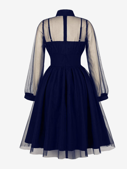 Vintage Dresses Women's Burgundy Tulle Midi Dress Sheer Long Sleeve Bow Neck Fit And Flare Dress