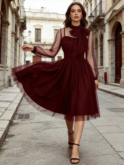 Vintage Dresses Women's Burgundy Tulle Midi Dress Sheer Long Sleeve Bow Neck Fit And Flare Dress
