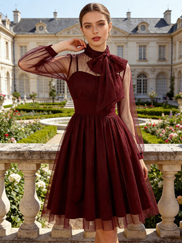 Vintage Dresses Women's Burgundy Tulle Midi Dress Sheer Long Sleeve Bow Neck Fit And Flare Dress