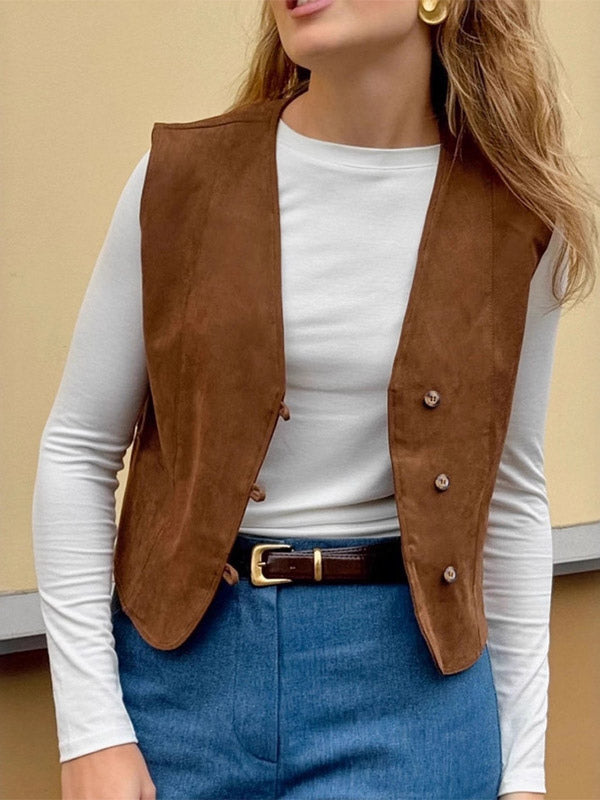 Khaki Cami Top V-Neck Chic Clothes Suede Women Camis
