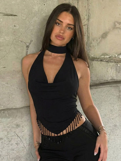 Burgundy Cami Top Straps Neck Fringe Open Shoulder Sexy Women Camis