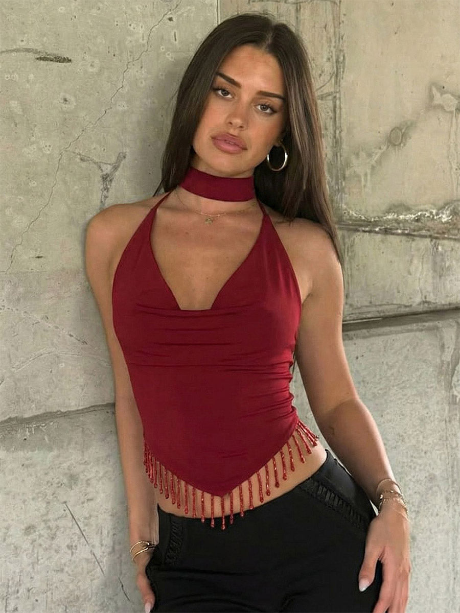 Burgundy Cami Top Straps Neck Fringe Open Shoulder Sexy Women Camis