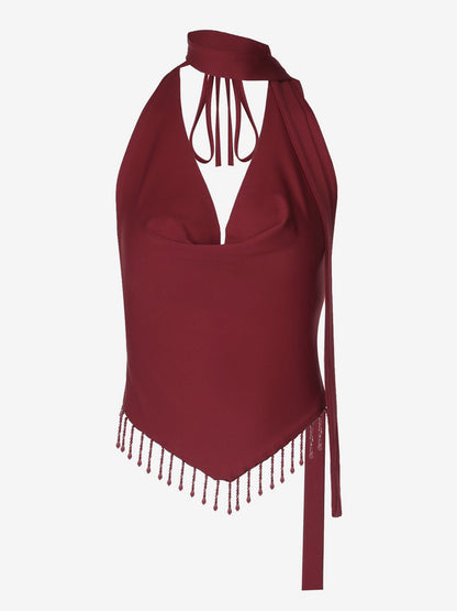 Burgundy Cami Top Straps Neck Fringe Open Shoulder Sexy Women Camis