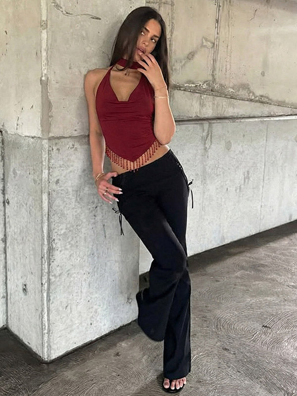 Burgundy Cami Top Straps Neck Fringe Open Shoulder Sexy Women Camis