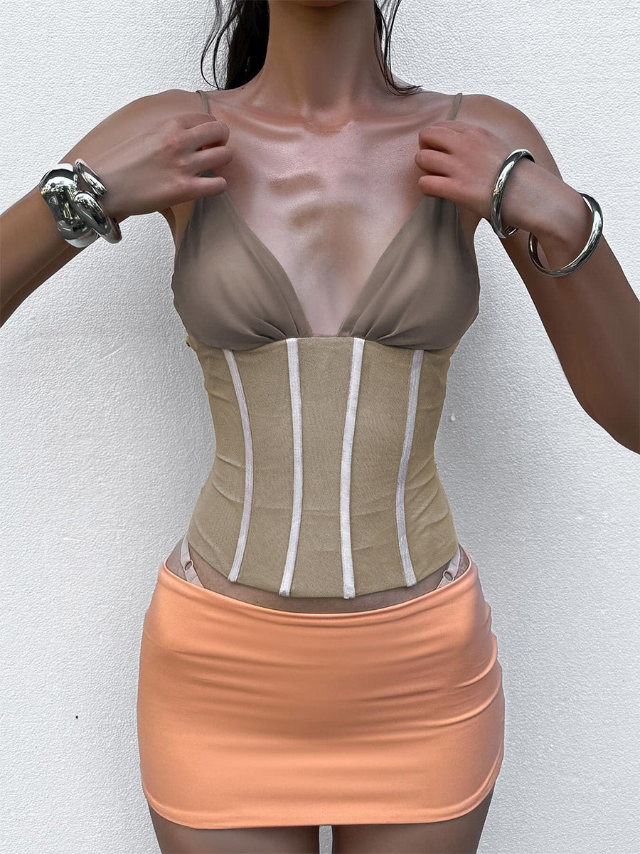 Khaki Cami Top Straps Neck Chic Shaping Camis For Women