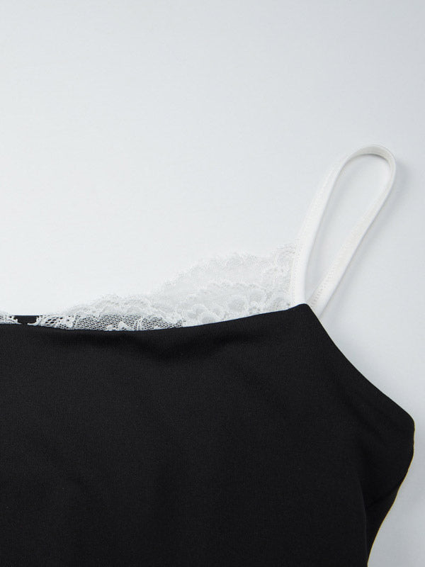 Cami Top Contrast Eyelash Lace Square Neck Spaghetti Strap Crop Cami Top