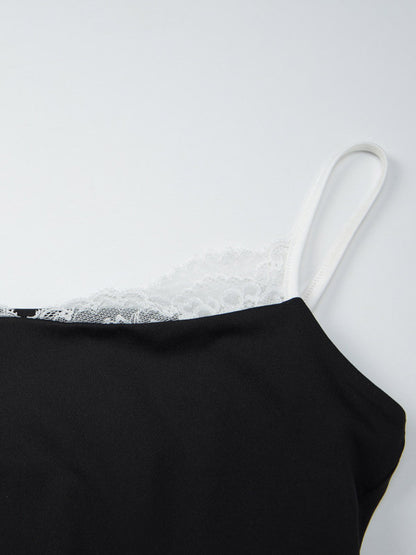 Cami Top Contrast Eyelash Lace Square Neck Spaghetti Strap Crop Cami Top