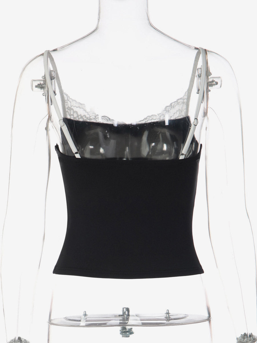 Cami Top Contrast Eyelash Lace Square Neck Spaghetti Strap Crop Cami Top