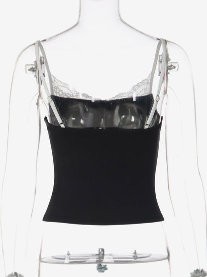 Cami Top Contrast Eyelash Lace Square Neck Spaghetti Strap Crop Cami Top