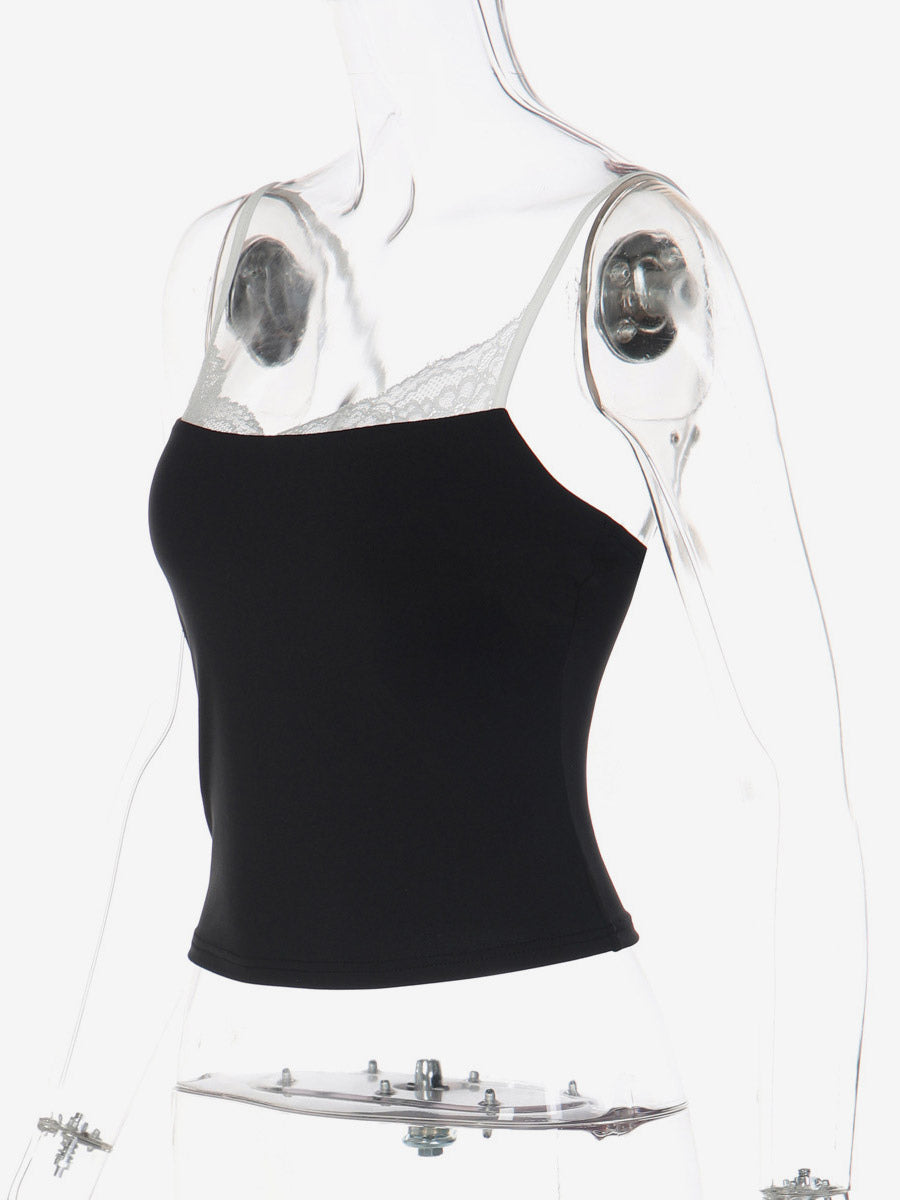 Cami Top Contrast Eyelash Lace Square Neck Spaghetti Strap Crop Cami Top