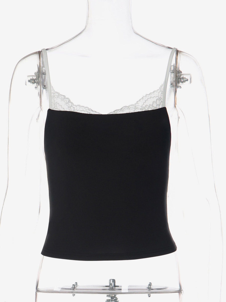 Cami Top Contrast Eyelash Lace Square Neck Spaghetti Strap Crop Cami Top