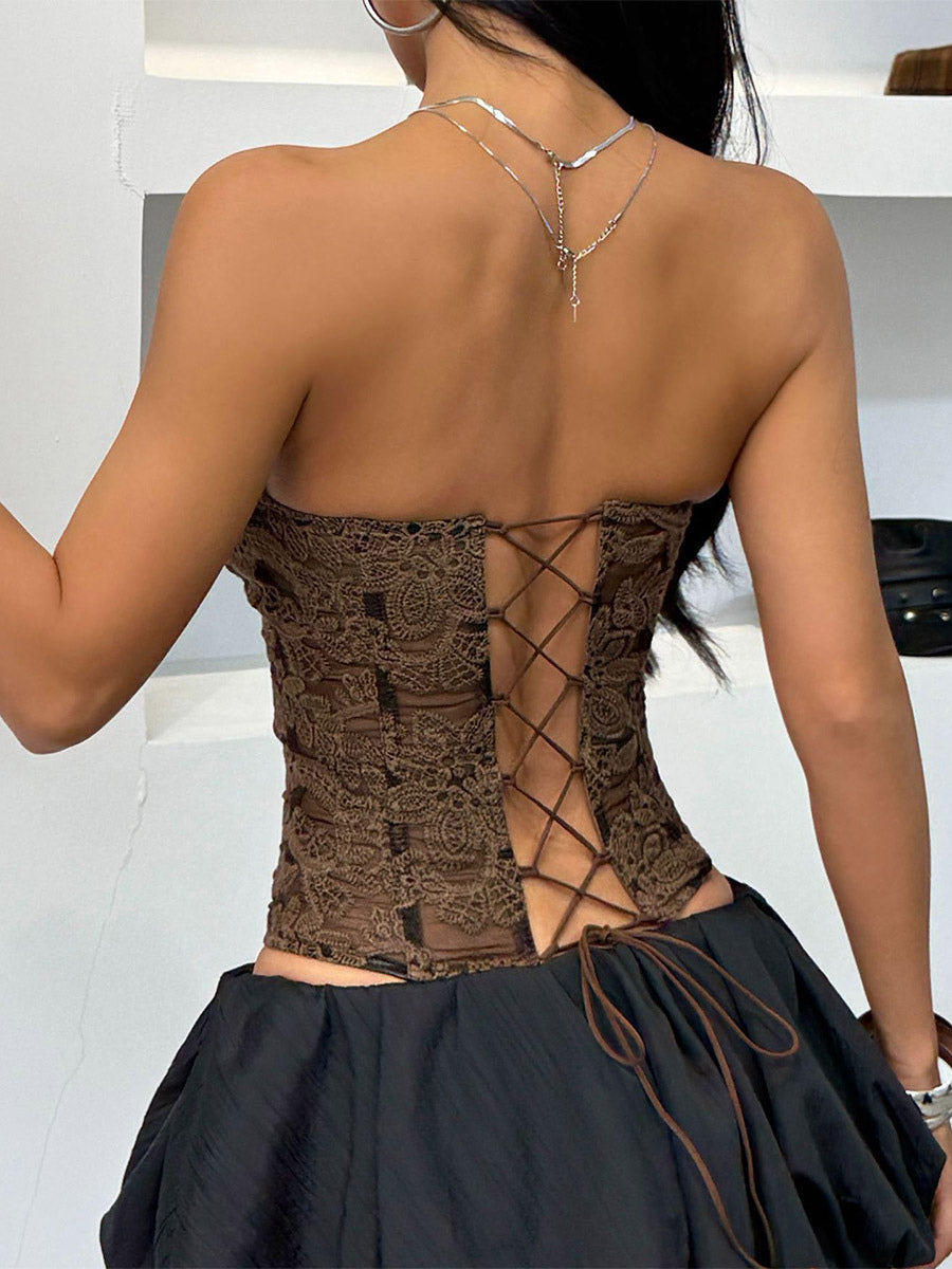 Corset Tops Yellow Chic Strapless Slim Fit Lace Up Embroidered Tops