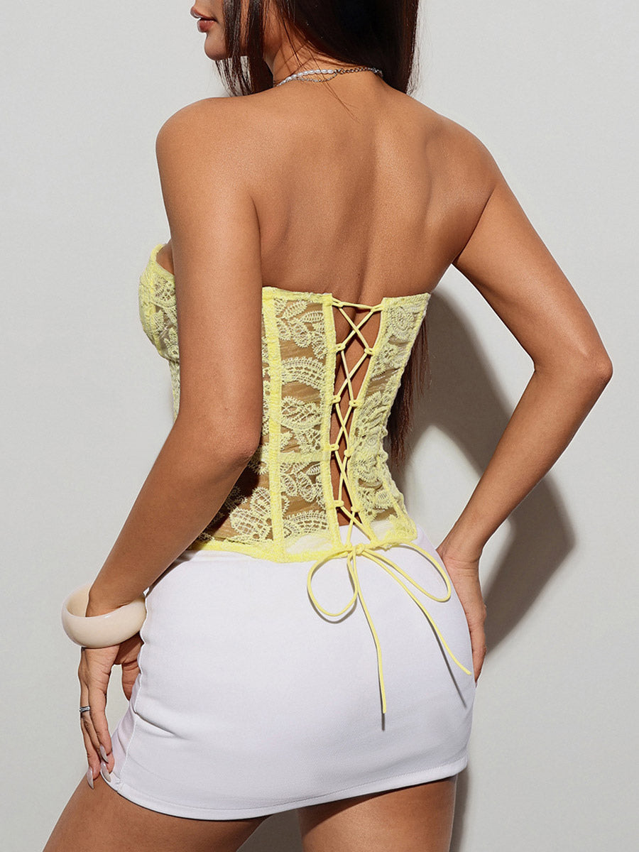 Corset Tops Yellow Chic Strapless Slim Fit Lace Up Embroidered Tops