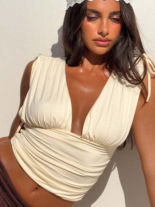 Tank Top Women's Sexy Ruched Crop Top Deep V Neck Sleeveless Slim Fit Summer Cami Top