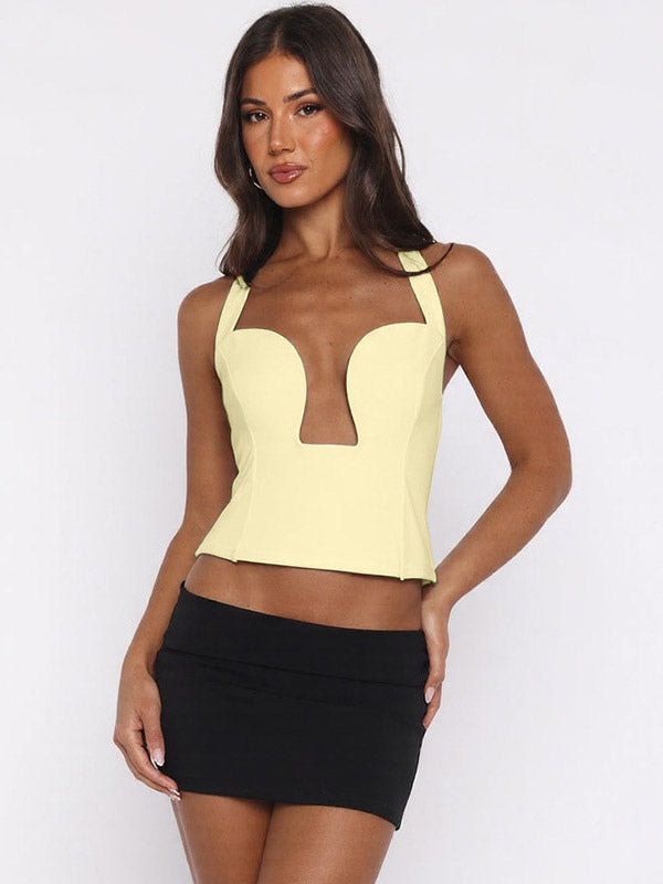 Crop Cami Tank Top Heart Plunge Halter Tie Back Slim Crop Cami Streetwear Top