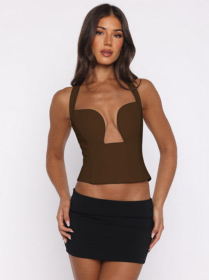 Crop Cami Tank Top Heart Plunge Halter Tie Back Slim Crop Cami Streetwear Top