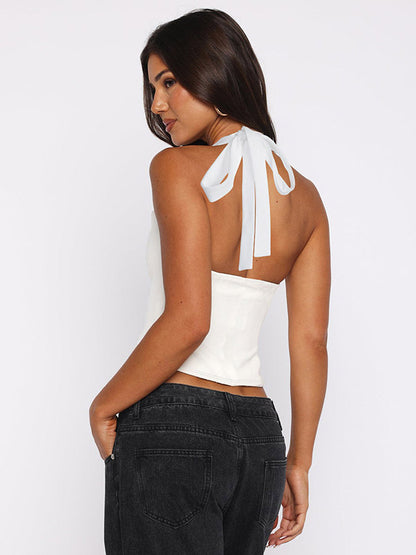 Crop Cami Tank Top Heart Plunge Halter Tie Back Slim Crop Cami Streetwear Top