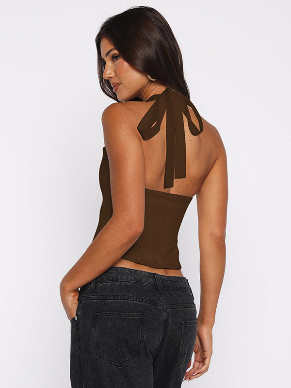 Crop Cami Tank Top Heart Plunge Halter Tie Back Slim Crop Cami Streetwear Top