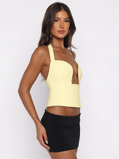 Crop Cami Tank Top Heart Plunge Halter Tie Back Slim Crop Cami Streetwear Top