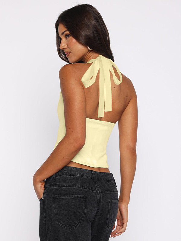 Crop Cami Tank Top Heart Plunge Halter Tie Back Slim Crop Cami Streetwear Top