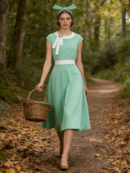 Vintage Swing Dress Women's 1950s Contrast Trim Bow Neck Tea Party Dress