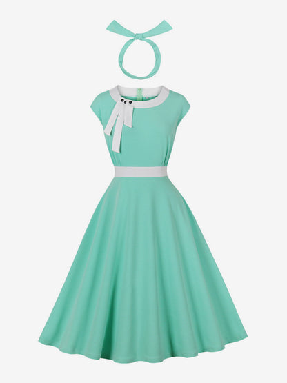 Vintage Swing Dress Women's 1950s Contrast Trim Bow Neck Tea Party Dress