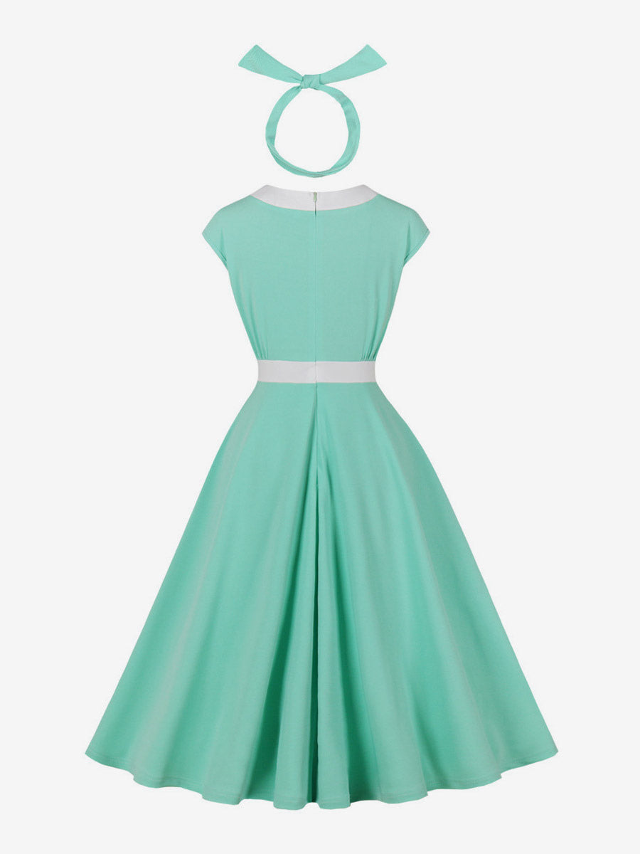 Vintage Swing Dress Women's 1950s Contrast Trim Bow Neck Tea Party Dress