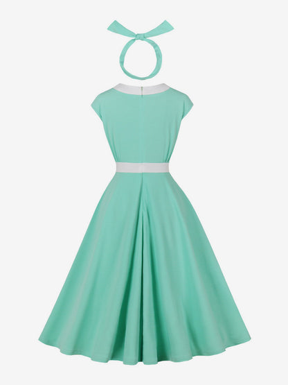 Vintage Swing Dress Women's 1950s Contrast Trim Bow Neck Tea Party Dress